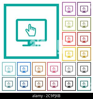 Monitor with pointing cursor flat color icons with quadrant frames on white background Stock Vector
