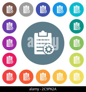 Note settings flat white icons on round color backgrounds. 17 background color variations are included. Stock Vector