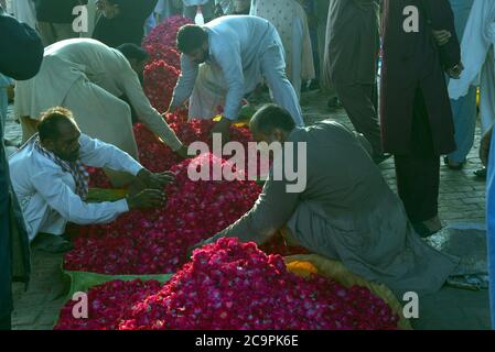Pakistani vendors selling rose flowers and petals use for spreading on graveyards on the occasion of Eid ul-Adha at a market in Lahore. Government-imposed nationwide lockdown as a preventive measure against the COVID-19 coronavirus' in Lahore, Muslims around the world will celebrate 'Eid ul-Adha', also known as the Festival of Sacrifice (Qurbani), to mark the Islamic month of Zil Hijjah. slaughtering sheep, goats, cows and camels to commemorate Prophet Abraham's willingness to sacrifice his son Ismail on God's command. (Photo by Rana Sajid Hussain/Pacific Press) Stock Photo