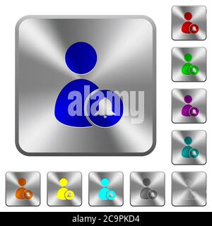 Notify user engraved icons on rounded square glossy steel buttons Stock Vector