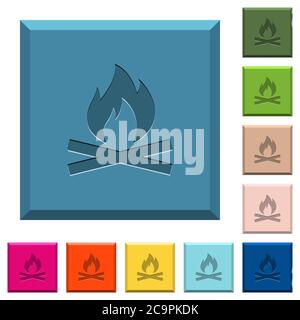 Camp fire engraved icons on edged square buttons in various trendy colors Stock Vector