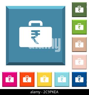 Indian Rupee bag white icons on edged square buttons in various trendy colors Stock Vector