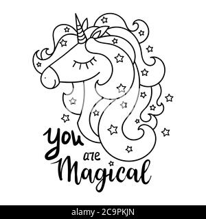 The head of a white unicorn with a rainbow mane. Inscription. You are magical. It can be used for stickers, badges, cards, patch, phone case, poster, Stock Vector