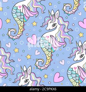 Seamless marine pattern. Cute seahorses, unicorns with a rainbow mane on a blue background. For the design of wallpaper, fabric, backgrounds, wrapping Stock Vector