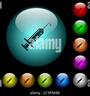 Syringe with drop icons in color illuminated spherical glass buttons on black background. Can be used to black or dark templates Stock Vector