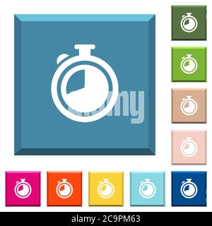 Timer white icons on edged square buttons in various trendy colors Stock Vector