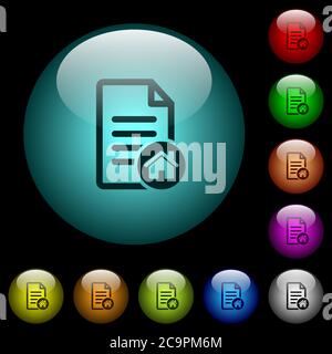 Default document icons in color illuminated spherical glass buttons on black background. Can be used to black or dark templates Stock Vector
