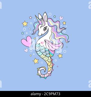 Seahorse, unicorn with a rainbow mane and heart. Cartoon style. Children's illustration. Sea theme. For the design of postcards, prints, posters, stic Stock Vector