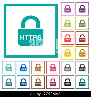 Secure https protocol flat color icons with quadrant frames on white background Stock Vector