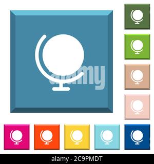 Globe with stand white icons on edged square buttons in various trendy colors Stock Vector