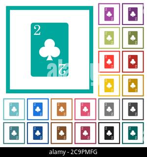 Two of clubs card flat color icons with quadrant frames on white background Stock Vector