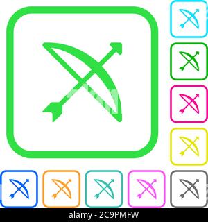 Bow with arrow vivid colored flat icons in curved borders on white background Stock Vector
