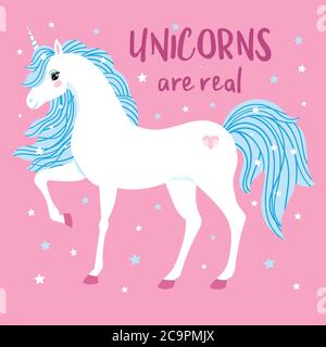 unicorns are real. White unicorn with a blue mane on a pink background. For the design of prints, posters, cards, stickers and so on. Vector Stock Vector