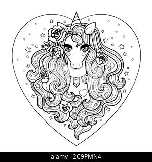 Unicorn head with long mane and roses. Linear art. Black and white image. For coloring books prints, posters, tattoos, postcards, stickers. Vector ill Stock Vector