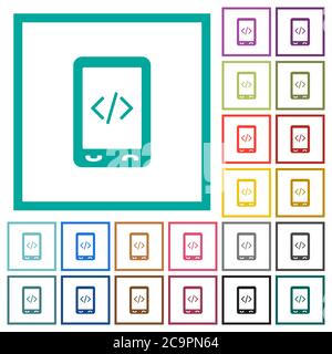 Mobile scripting flat color icons with quadrant frames on white background Stock Vector