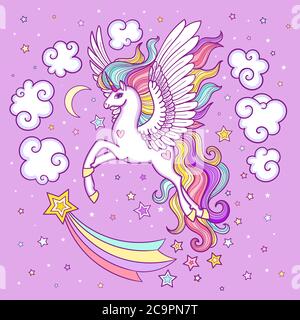 Cute white unicorn among the stars and clouds. Children's illustration. Fantasy animal. For the design of prints, posters, stickers, cards and so on. Stock Vector