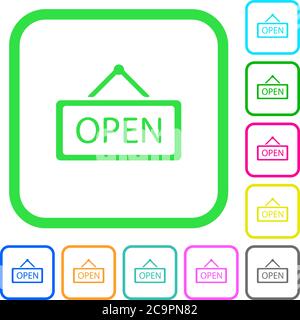 Open sign vivid colored flat icons in curved borders on white background Stock Vector