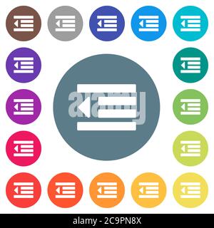 Decrease text indentation flat white icons on round color backgrounds. 17 background color variations are included. Stock Vector