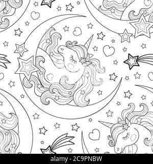 Seamless pattern with unicorn and moon, black and white. Vector For the design of fabric, brown paper, wallpaper, backgrounds, scrapbooking. Vector Stock Vector