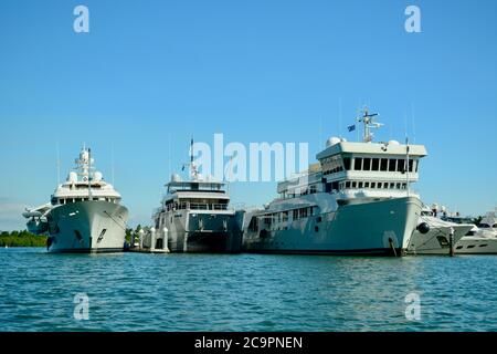 Port Denarau, Fiji, Aug 2019. Yachts at the Port Denarau Marina, ready to explore tropical isles of Fiji’s Western Division. Stock Photo