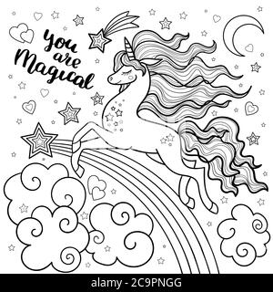 Unicorn with a long mane. Caption You are magical. Black and white image. For your design Coloring books, prints, posters, stickers, cards and so on. Stock Vector