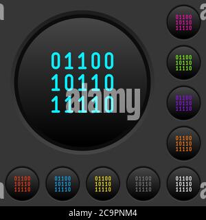 Binary code dark push buttons with vivid color icons on dark grey background Stock Vector