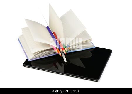 Opened notebook on tablet pc isolated on white background. High resolution photo. Full depth of field. Stock Photo