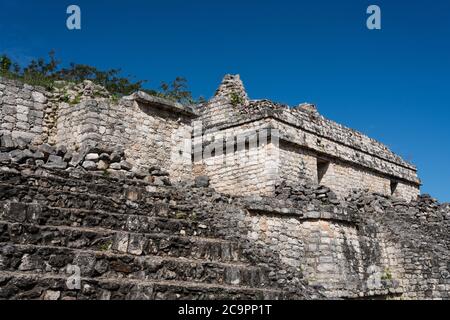 One of the partially restored ruins of the twin temples on Structure 17 in the ruins of the pre-Hispanic Mayan city of Ek Balam in Yucatan, Mexico. Stock Photo