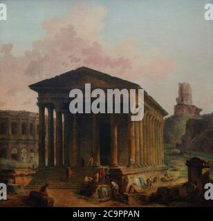 Hubert Robert (1733-1808). Pintor francés. La Maison Carrée, Las Arenas y la Torre Magna en Nimes,1787. Museo del Louvre. París. Francia. Stock Photo