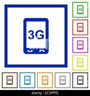 Third generation mobile connection speed flat color icons in square frames on white background Stock Vector