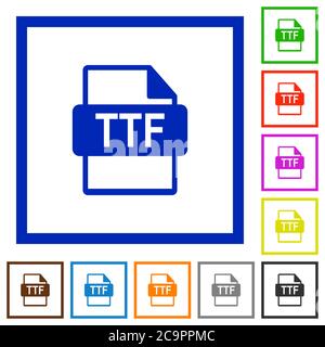 TTF file format flat color icons in square frames on white background Stock Vector