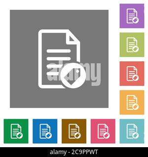 Tagging document flat icons on simple color square backgrounds Stock Vector