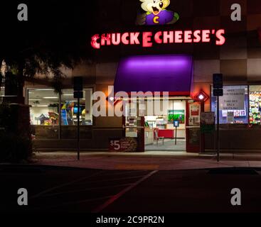 August 1, 2020: An open Chuck E Cheese's in San Diego, California on Saturday, August 1st, 2020. Some Chuck E Cheese's locations have opened for takeout and delivery throughout San Diego. Face coverings are required inside, there are no playable arcade games, and there is a hand sanitizer station with chairs spaced apart. Credit: Rishi Deka/ZUMA Wire/Alamy Live News Stock Photo