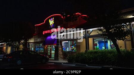 August 1, 2020: An open Chuck E Cheese's in San Diego, California on Saturday, August 1st, 2020. Some Chuck E Cheese's locations have opened for takeout and delivery throughout San Diego. Face coverings are required inside, there are no playable arcade games, and there is a hand sanitizer station with chairs spaced apart. Credit: Rishi Deka/ZUMA Wire/Alamy Live News Stock Photo
