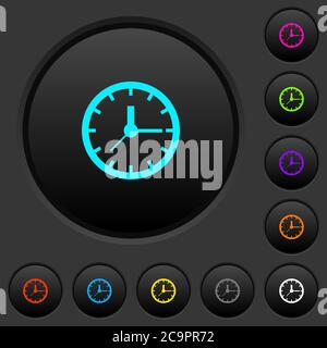 Analog clock dark push buttons with vivid color icons on dark grey background Stock Vector