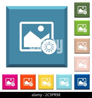 Adjust image brightness white icons on edged square buttons in various trendy colors Stock Vector