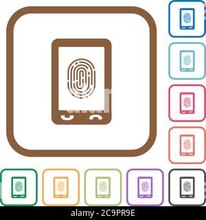 Mobile fingerprint identification simple icons in color rounded square frames on white background Stock Vector