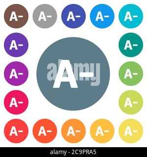 Decrease font size flat white icons on round color backgrounds. 17 background color variations are included. Stock Vector