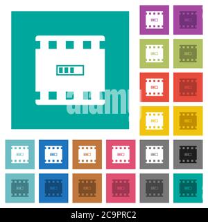 Movie processing multi colored flat icons on plain square backgrounds. Included white and darker icon variations for hover or active effects. Stock Vector