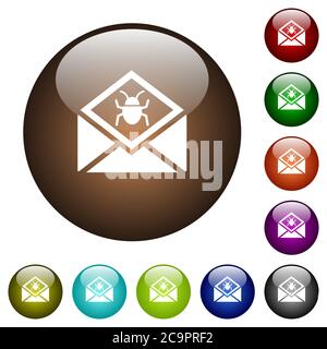 Open mail with malware symbol white icons on round color glass buttons Stock Vector