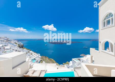 Summer vacation panorama, luxury famous Europe destination. White architecture in Santorini, Greece. Perfect travel scenery with swimming pool sea Stock Photo