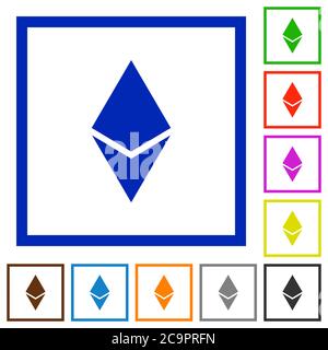 Ethereum digital cryptocurrency flat color icons in square frames on white background Stock Vector