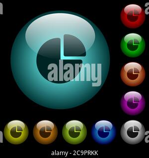 Pie chart icons in color illuminated spherical glass buttons on black background. Can be used to black or dark templates Stock Vector
