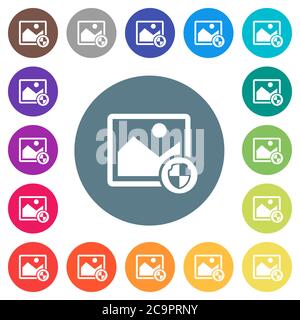 Protect image flat white icons on round color backgrounds. 17 background color variations are included. Stock Vector