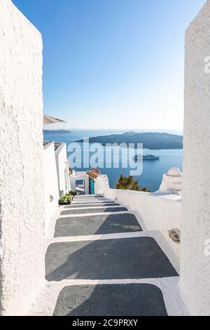 Amazing street view Santorini island. Greece traditional white and blue architecture, sea view and fantastic summer mood vibes. Luxury travel holiday Stock Photo