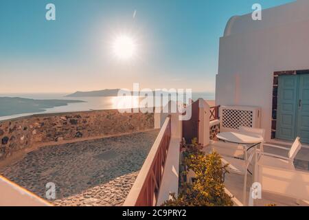 Amazing street view Santorini island. Greece traditional white and blue architecture, sea view and fantastic summer mood vibes. Luxury travel holiday Stock Photo