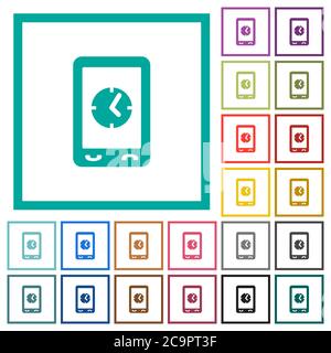 Mobile clock flat color icons with quadrant frames on white background Stock Vector