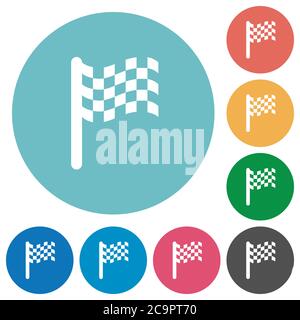 Race flag flat white icons on round color backgrounds Stock Vector