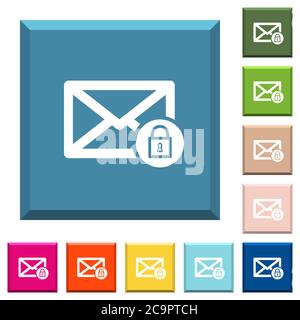 Lock mail white icons on edged square buttons in various trendy colors Stock Vector