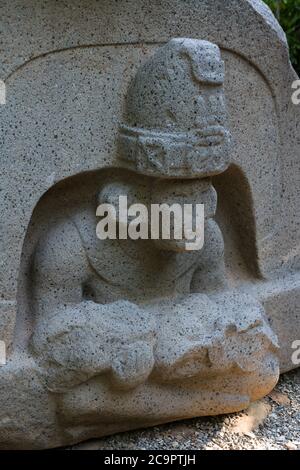 Altar 5, the Altar of the Children, from the Olmec ruins of La Venta. Preclassic Period (700-400 B.C.).  La Venta Museum, Villahermosa, Mexico. Stock Photo